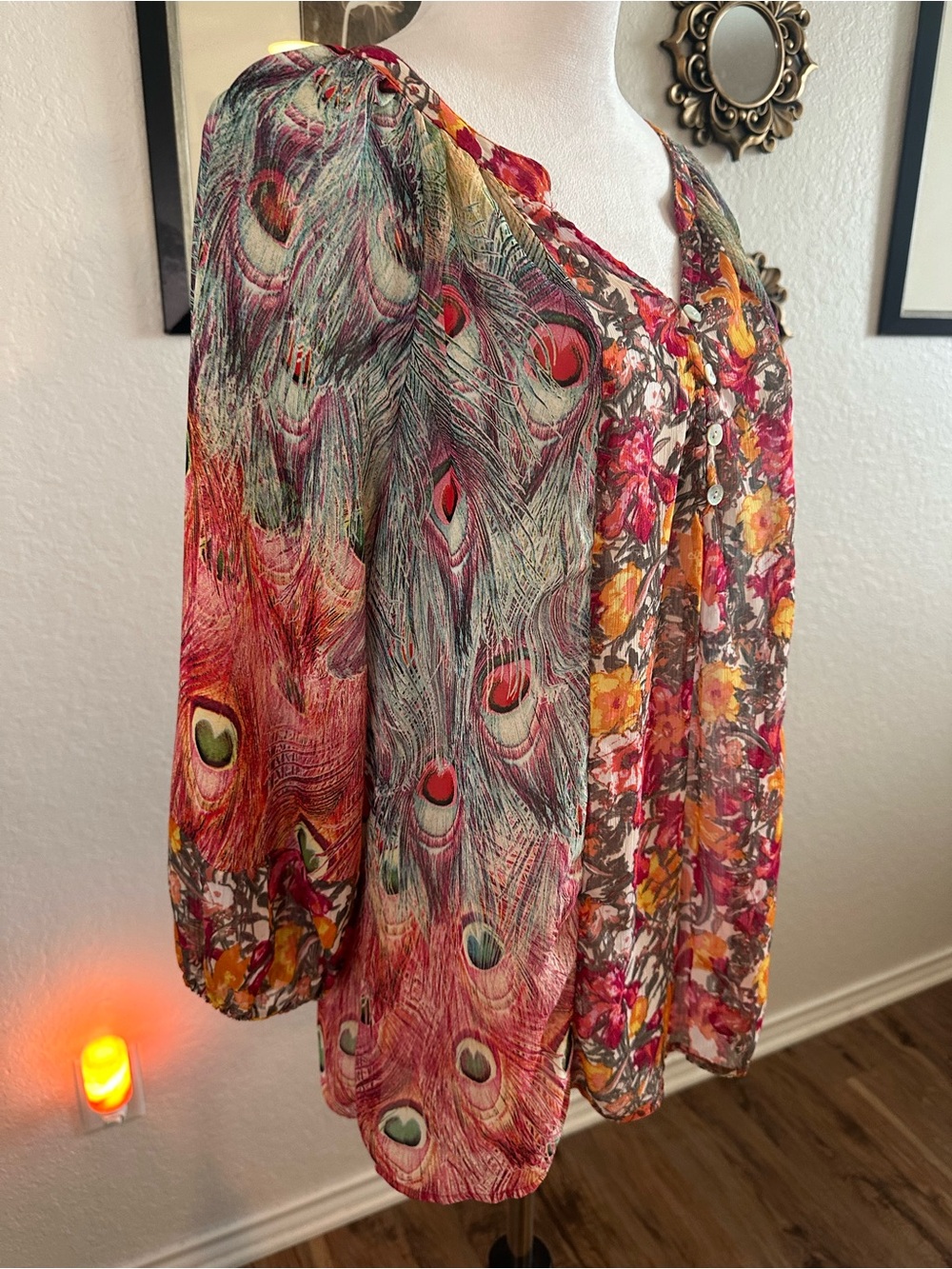 Anthropologie Fig & Flower Peacock Feather Floral Peasant Blouse